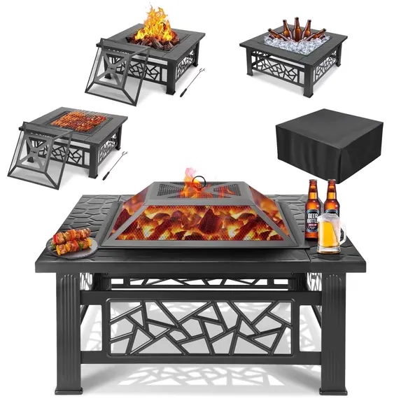 32" Square Wood Burning Fire Pit with Fireplace Screen and Lid