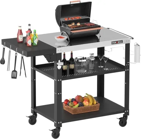 PARGRILL 3-Shelf Grill Cart with Foldable Side Table
