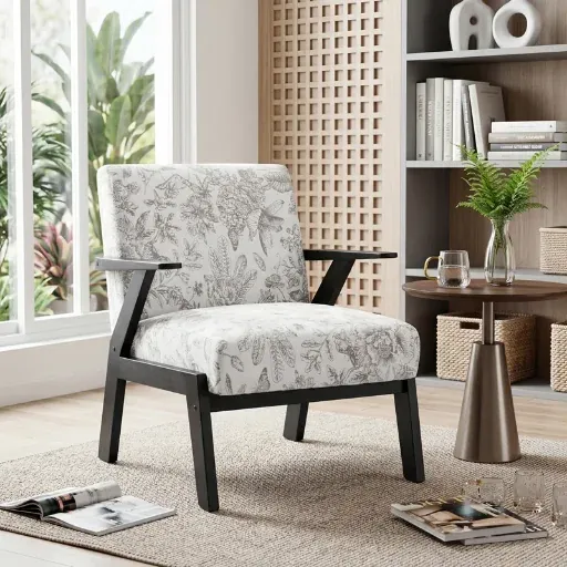 Ebern Designs 27.16"W Floral Upholstered Accent Chair with Rubberwood Frame