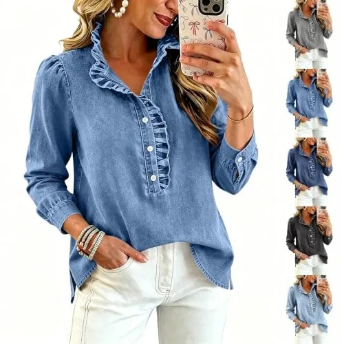 Women's Ruffle Button-Down Denim Shirt