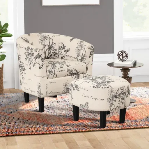 Ophelia & Co Modern Soft Upholstered Living Room Accent Chair w/ Ottoman (Beige/Black)