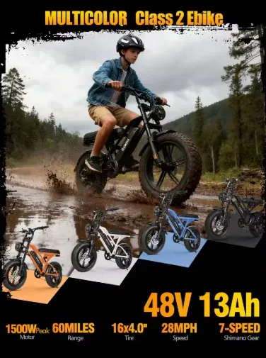 Eskute V100 Electric Bike 1500W Peak 28MPH 48V 13Ah 16"x4" Fat Tire 7-Speed Dual Suspension