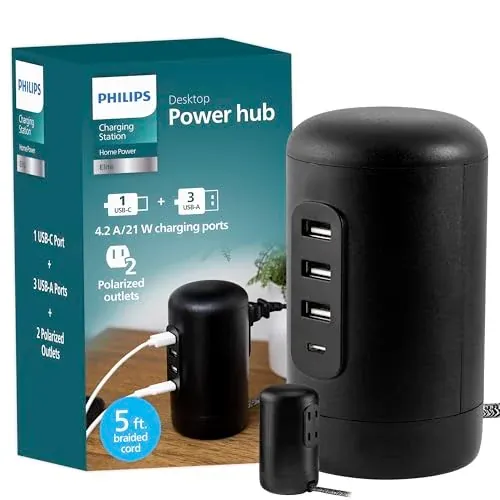 Philips Desktop Charging Station with 2 AC Outlet, 3 USB-A, 1 USB-C