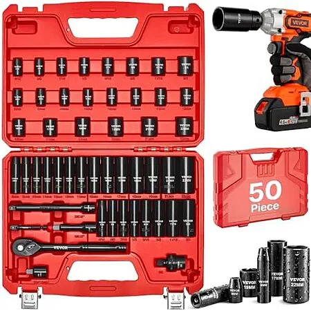 50-Pc VEVOR 3/8" Drive Impact Socket Set (SAE, 5/16"-3/4" & Metric, 8-22mm)