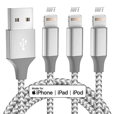 3-Pk 10' Bkayp Apple MFi Certified USB to Lightning Charging Cables