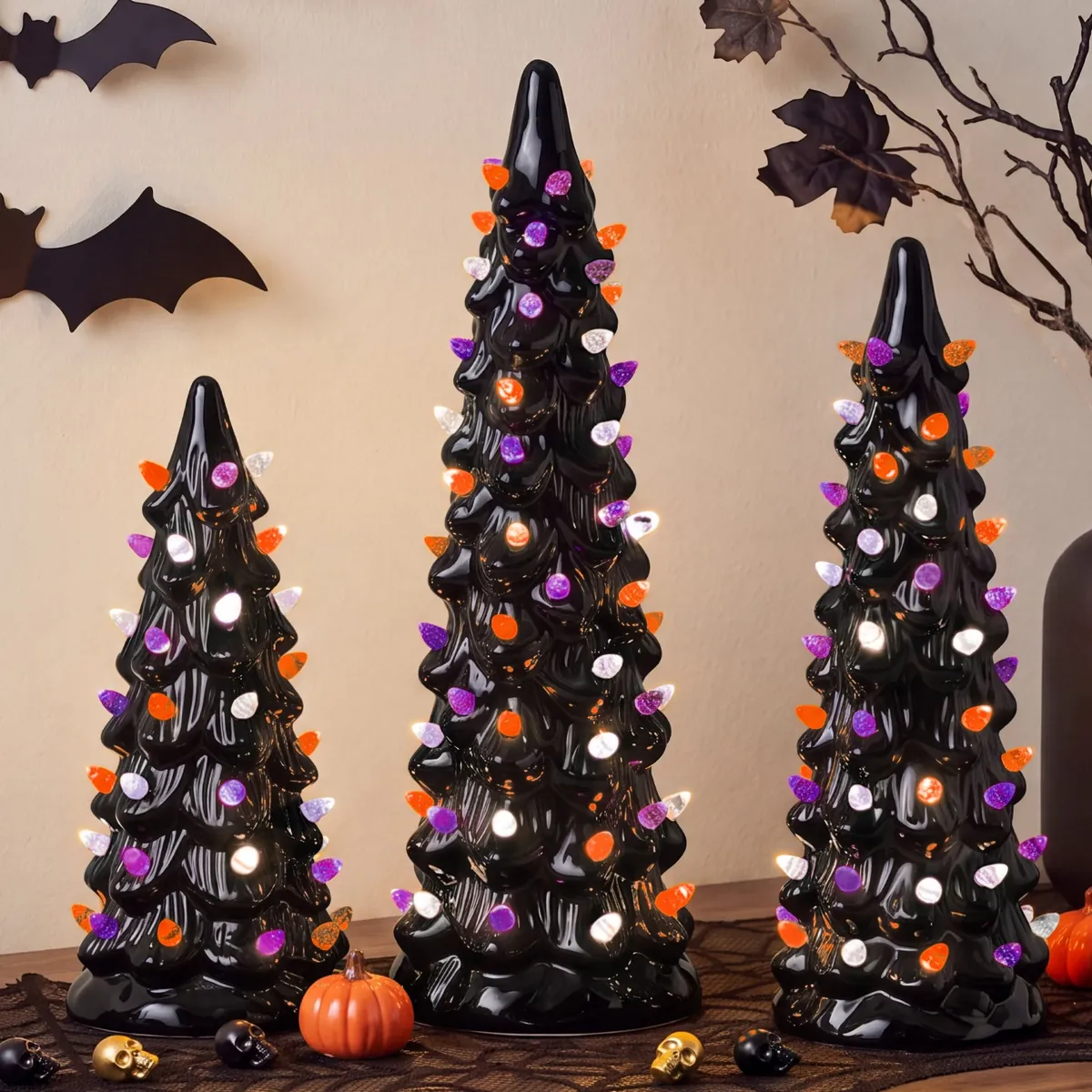 3-Piece Ceramic Halloween Trees Pre-Lit