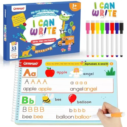 URMYWO Preschool & Kindergarten Dry-Erase Reusable Workbook (Math, Writing) for Ages 3-6