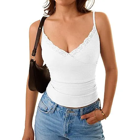 GKBK Women's Lace Trim Ribbed V-Neck Spaghetti Strap Tank Top (various colors)