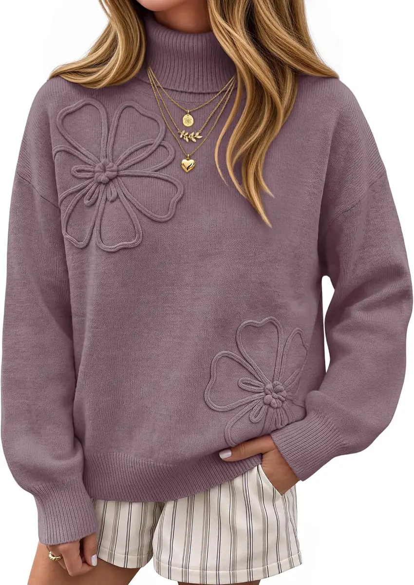 MEROKEETY Floral Turtleneck Sweater