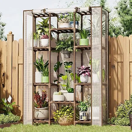 10-Tier Bamworld Indoor/Outdoor Wood Plant Stand Greenhouse w/ Cover (White)