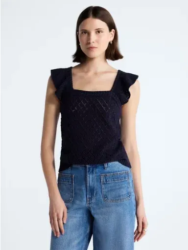 Free Assembly Women's and Women's Plus Square Neck Cotton Sweater with Flutter Sleeves (Darkest Navy, L/XL)