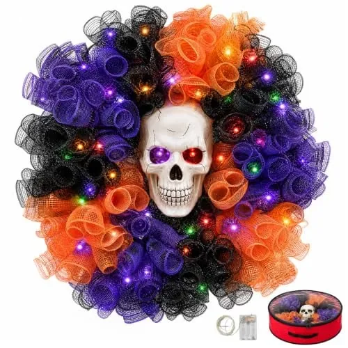 Wizcave 24 in Halloween Wreath with Skull and Color-Changing Lights
