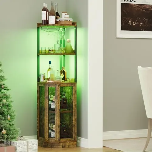 Corner Bar Cabinet with Power Outlet and LED Strip, 65" H 5-Tier