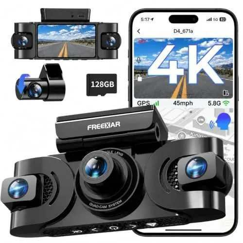Freexar 4-Channel 360-Degree 4K Dash Cam with 128GB Card