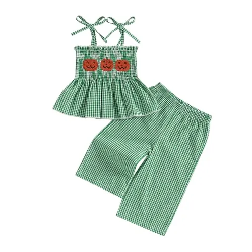 Kuriozud 4th of July Outfit Toddler Baby Girl Independence Day USA Clothes Summer Smocked Tank Top Wide Leg Pants Set