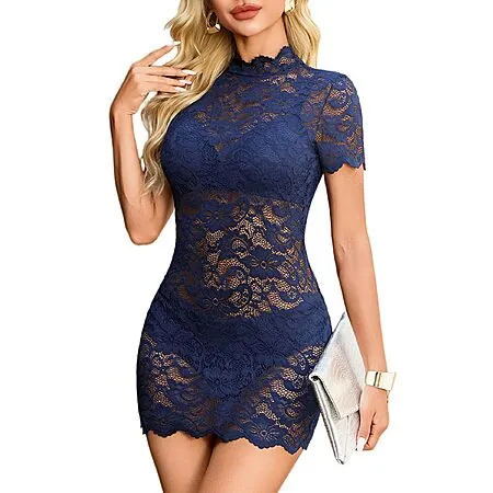 Avidlove Women's Short Sleeve Mock Neck Sheer Cocktail Party Club Dress