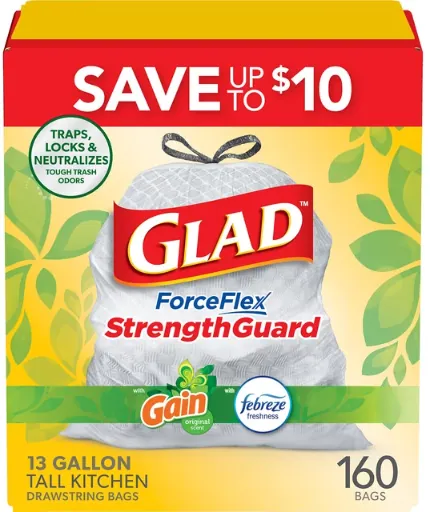 Glad ForceFlex Tall Kitchen Drawstring Trash Bags, 13 Gallon, 160 Count