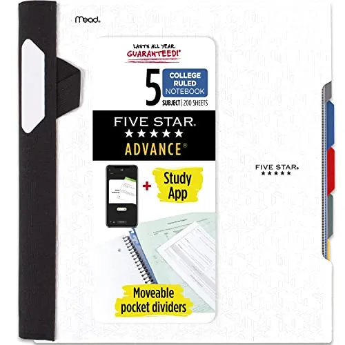 Five Star Advance Spiral Notebook + Study App, 5 Subject, College Ruled, 200 Sheets