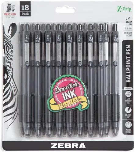 Z-Grip Retractable Ballpoint Pen, 1.0mm, Medium Tip, Black Ink, 18-Count