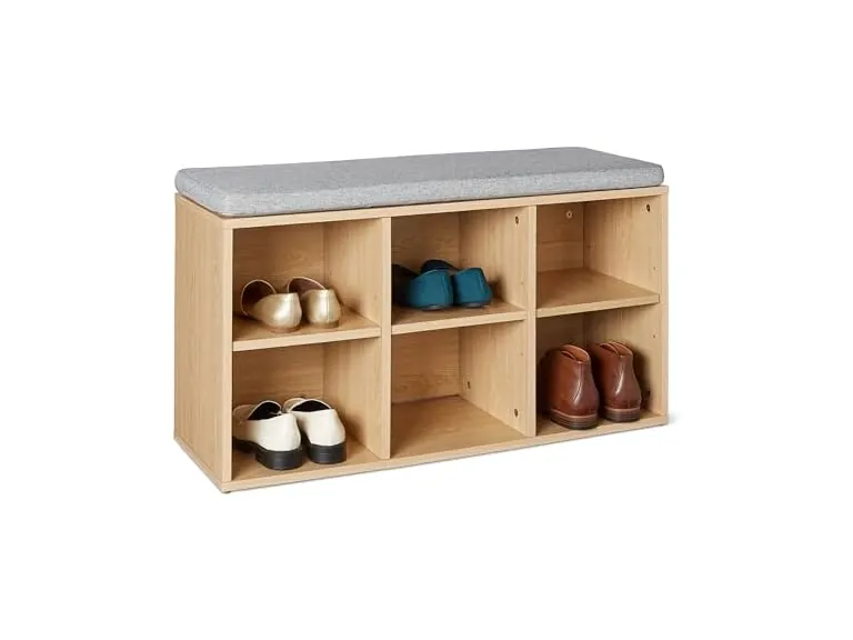 Amazon Basics Shoe Storage Bench with Cushion, 6 Cubbies, Oak Finish