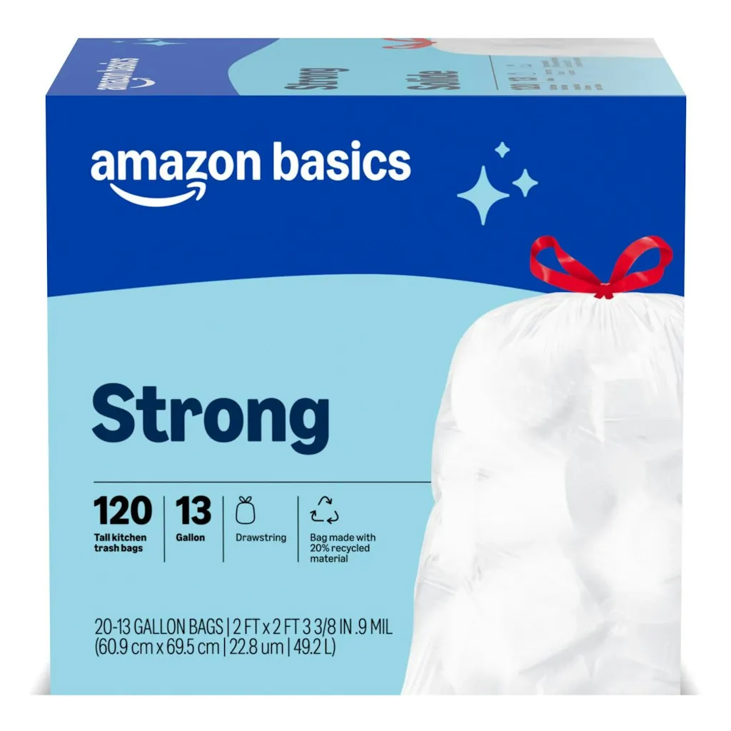 Amazon Basics Tall Kitchen Drawstring 13-Gallon Trash Bags 120-Count