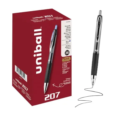 Uniball 207 Gel Pens, Blue Ink, 0.7mm Medium Point, Retractable, 36 Count