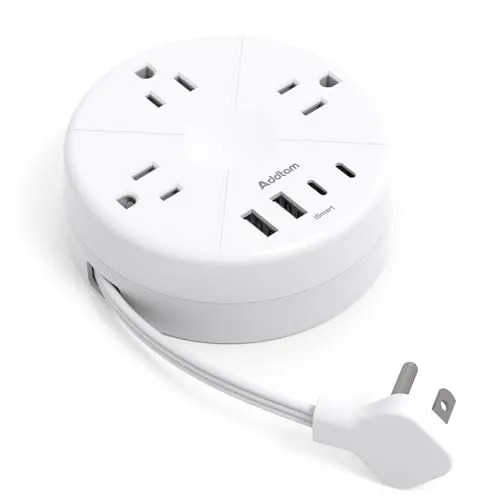 Addtam 7-in-1 Travel Power Strip w/ 1' Retractable Cord