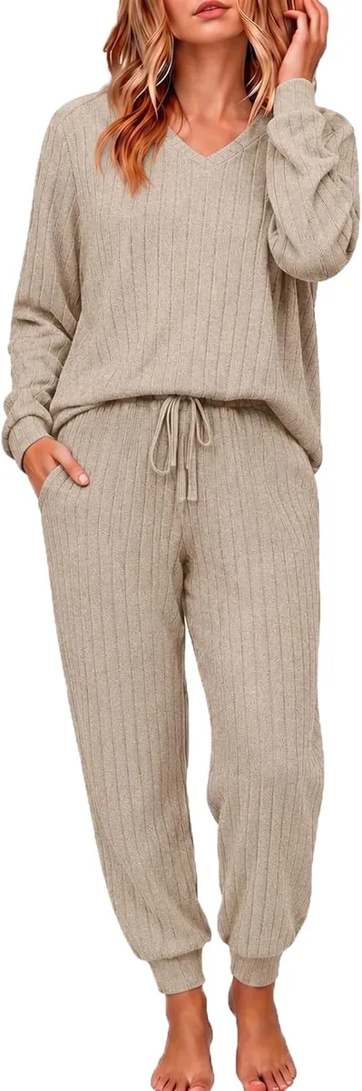Ekouaer Long-Sleeve Ribbed Lounge Set