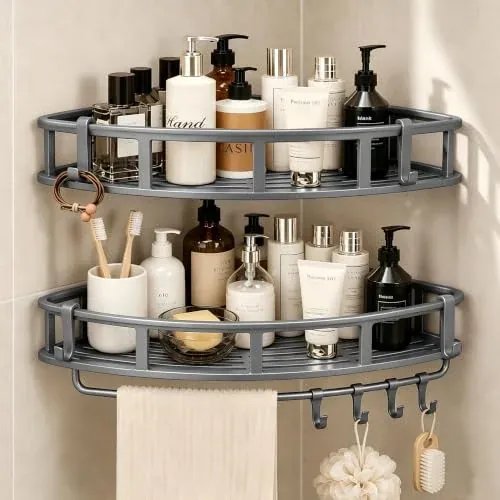 Shower Caddy Hanging 2 Pack Rustproof Adhesive Corner Shower Shelves
