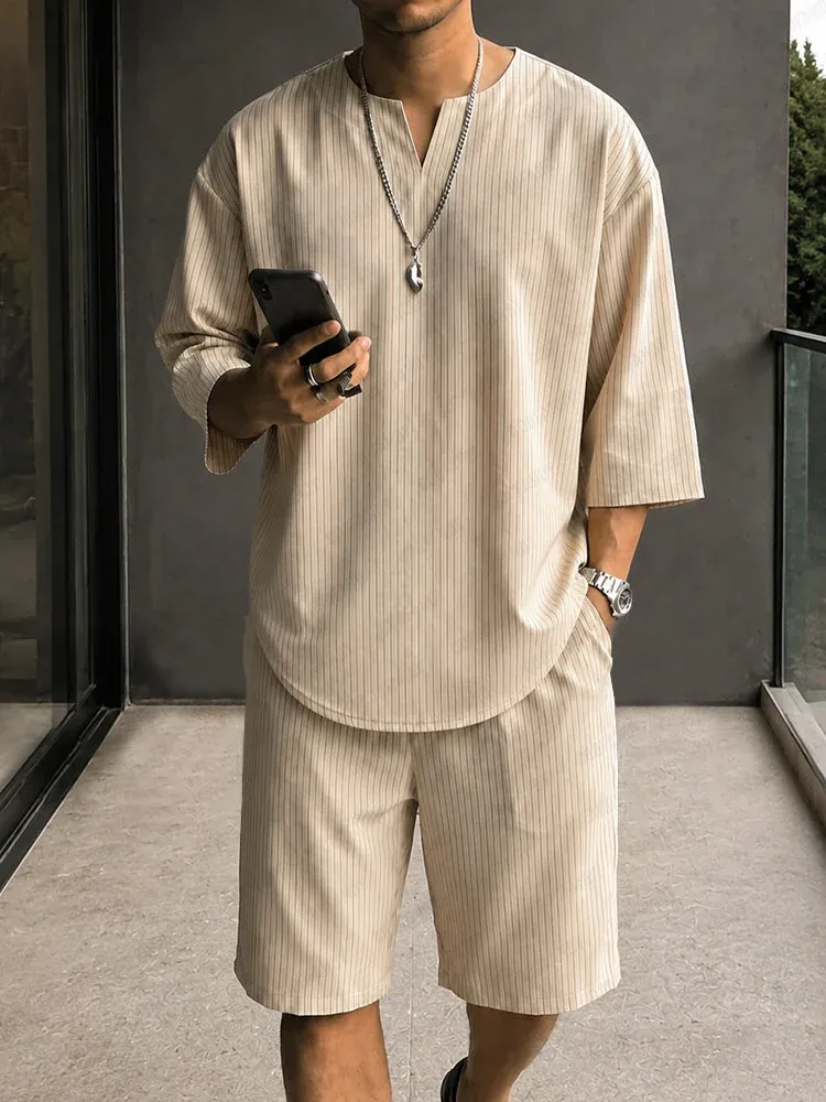 COOFANDY 2-Piece Men's Pinstripe Shirt & Short Set