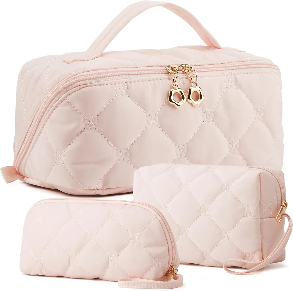 Cosmetic Bag Set in Pink Embroidery Puffer