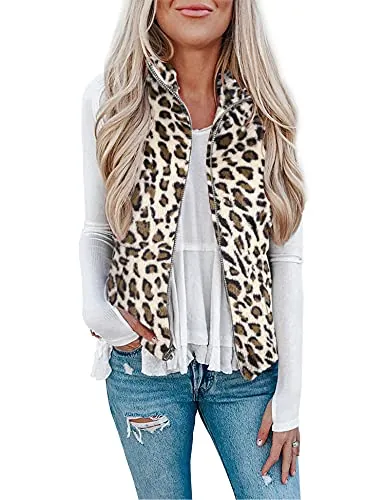 LOMON Women's Leopard Sleeveless Zipper Sherpa Vest Apricot Leopard S