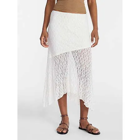 No Boundaries Women's Asymmetrical Lace Midi Skirt (Winter White)