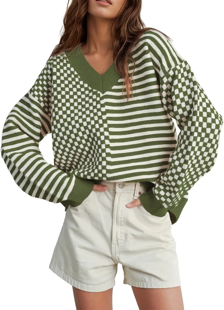 UNCLECAT Striped Checkered Sweater