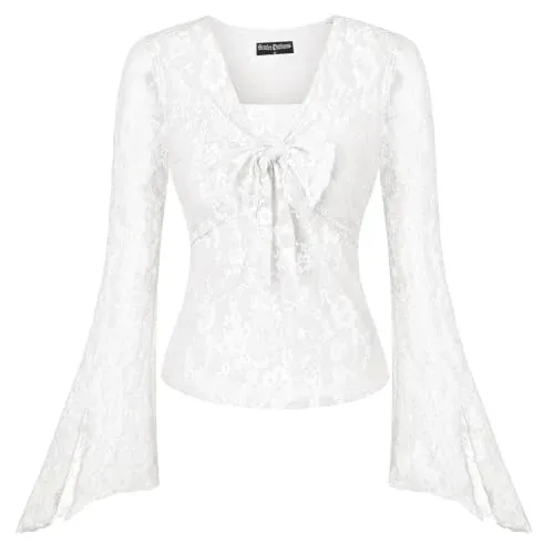 SCARLET DARKNESS Women's Y2K Lace Bell-Sleeve Top