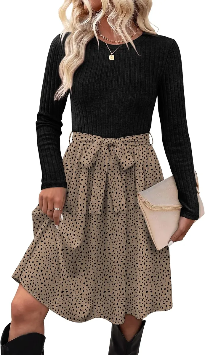 OFEEFAN Long Sleeve Sweater Dress w/Pockets