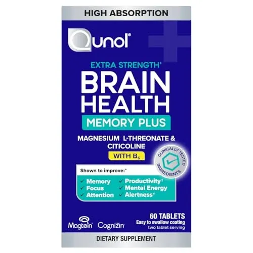Qunol Brain Health Memory Plus w/Magtein, Cognizin & Vitamin B6 60-Count