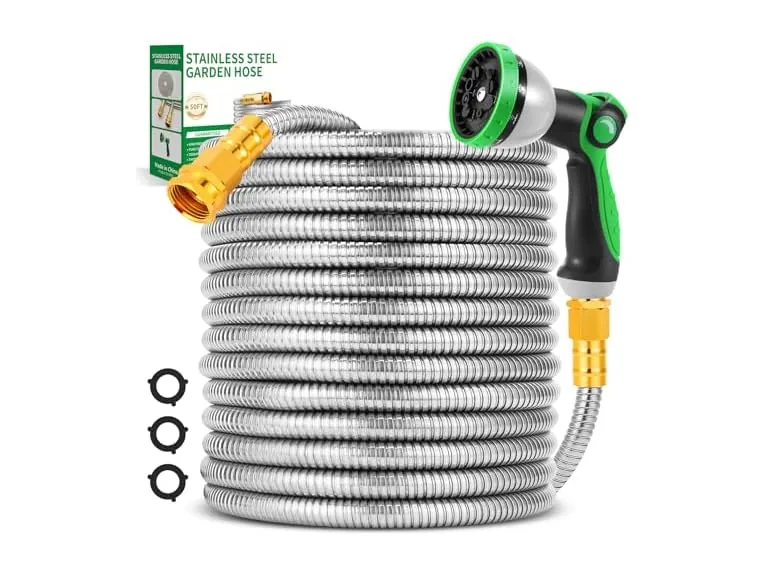 Garden Hose 50FT, Stainless Steel Metal Water Hose with 10-Function Nozzle
