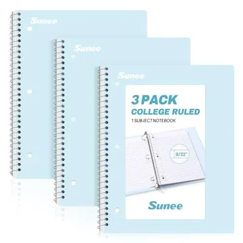 SUNEE 3-Pack Spiral Notebooks, 1-Subject, College Ruled, 8" x 10-1/2", 70 Sheets, Blue
