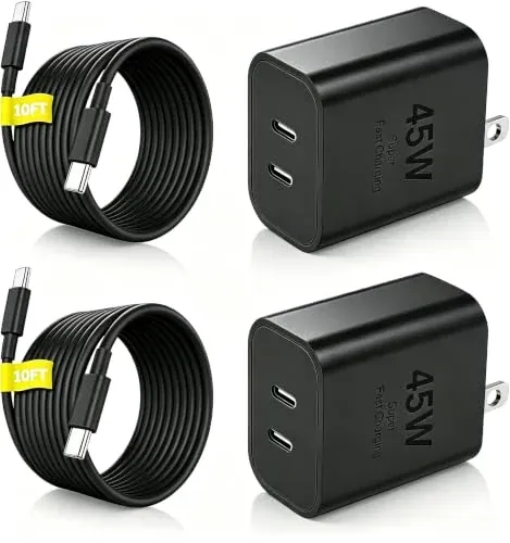 2-Pack 45W Dual-Port USB-C Super Fast Charging Block with 10' USB-C to C Cable