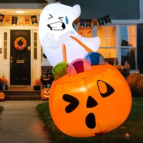 Joiedomi Halloween Inflatables Outdoor Lighted Ghost w/ Pumpkin Candy Bag 5'