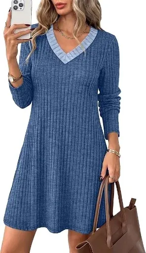 OFEEFAN V Neck Sweater Dresses