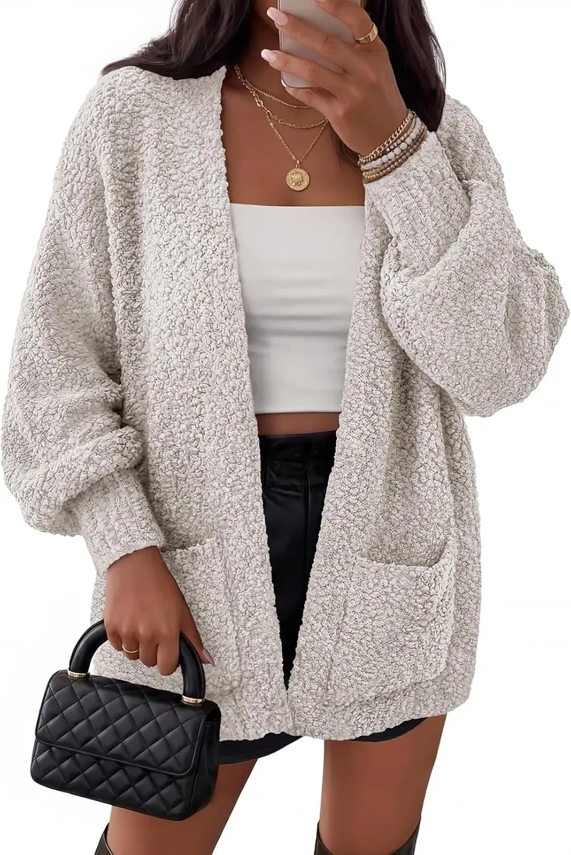 MEROKEETY Oversized Fuzzy Popcorn Cardigan