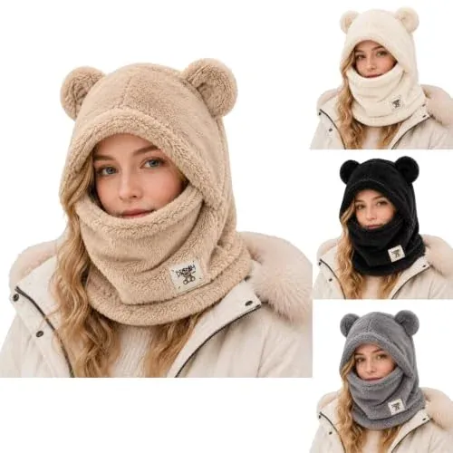 3-in-1 Beanie Hat Scarf Bear Beanie