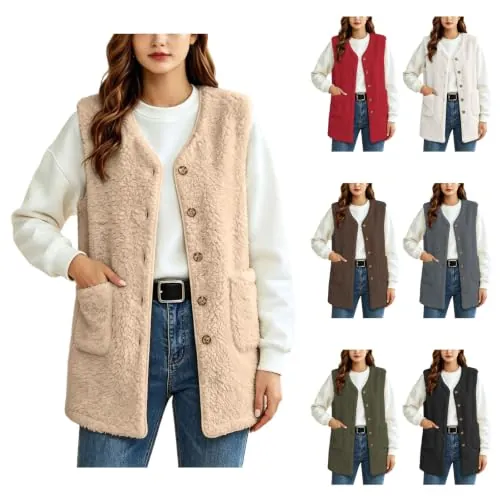 Women Fuzzy Button Front Sleeveless Vest