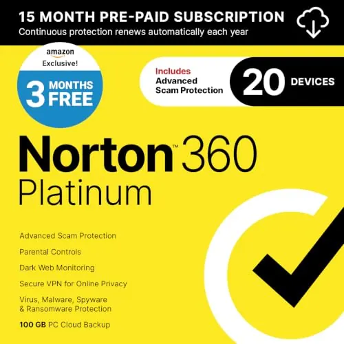 Norton 360 Platinum 2027 Antivirus, 20 Devices, 3 Months Free [Download]
