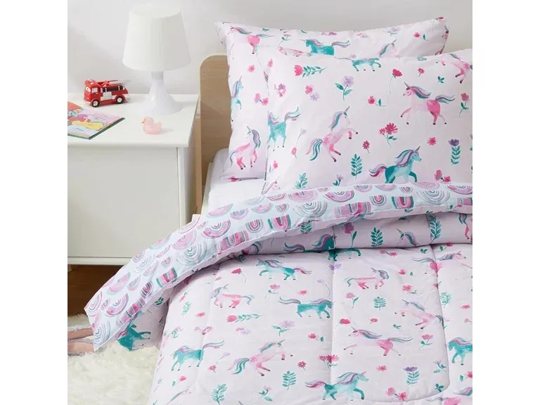 3-Piece Amazon Basics Kids' Cotton Shell Reversible Comforter Set w/ Sham (Full/Queen, Unicorns & Rainbows)