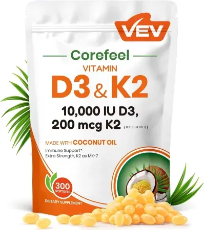 300-Count VEV Vitamin D3 10,000 IU & K2 200mcg Softgels w/ Coconut Oil