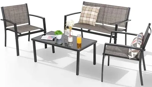4-Piece Shintenchi Patio Furniture Conversation Set w/ Glass Coffee Table, Loveseat & 2 Chairs