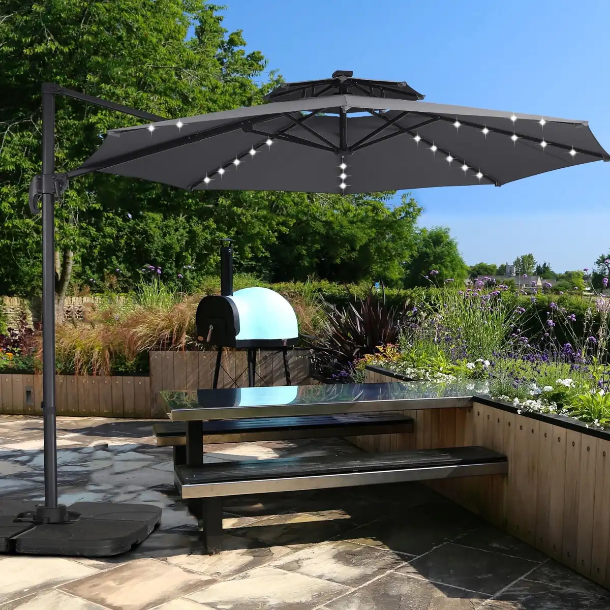 Ainfox 10ft Double Top Heavy-Duty Patio Cantilever Umbrella with lights and Cross Base (Grey)